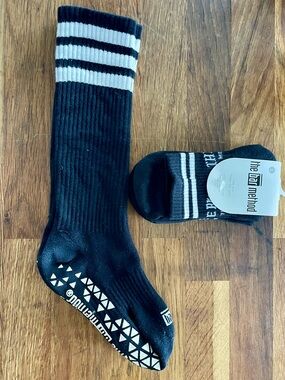 The Bar Method Black Grip Crew Socks with White Stripes - 2 Pairs